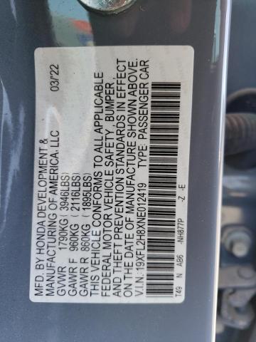 19XFL2H8XNE012419 - 2022 HONDA CIVIC SPORT 灰色 照片 12