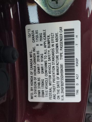 2HGFB2F55DH594381 - 2013 HONDA CIVIC LX MAROON photo 12