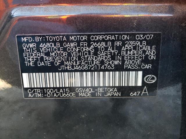 JTHBJ46G872114763 - 2007 LEXUS ES 350 GRAY photo 12