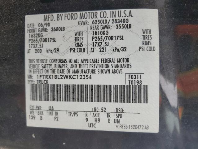 1FTRX18L2WKC12354 - 1998 FORD F150 BLACK photo 12