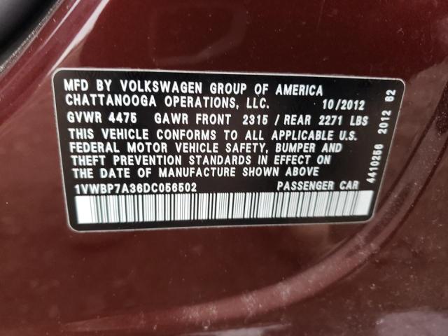 1VWBP7A36DC056502 - 2013 VOLKSWAGEN PASSAT SE MAROON photo 12