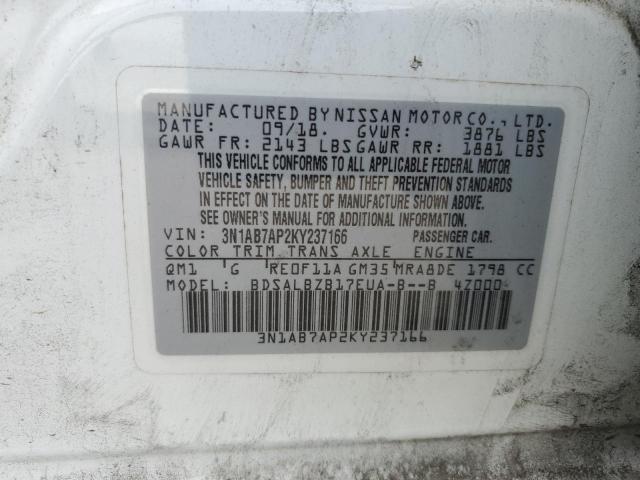 3N1AB7AP2KY237166 - 2019 NISSAN SENTRA S WHITE photo 12