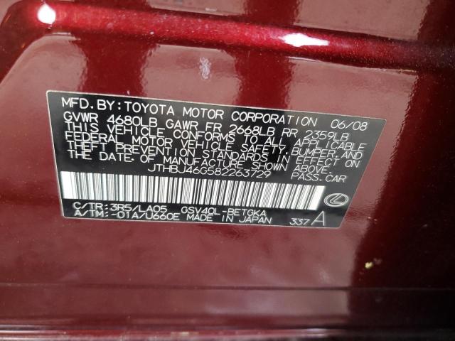 JTHBJ46G582263729 - 2008 LEXUS ES 350 BURGUNDY photo 12