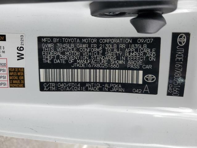 JTKDE167X80251660 - 2008 TOYOTA SCION TC WHITE photo 12