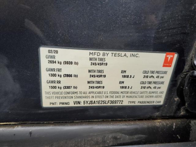 5YJSA1E25LF369772 - 2020 TESLA MODEL S Boz foto 12