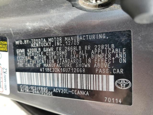 4T1BE32K16U712668 - 2006 TOYOTA CAMRY LE GRAY photo 12