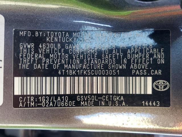 4T1BK1FK5CU003051 - 2012 TOYOTA CAMRY SE GRAY photo 13