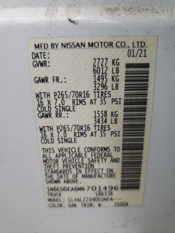 1N6ED0EA6MN701496 - 2021 NISSAN FRONTIER S WHITE photo 12