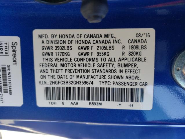 2HGFC3B32GH359674 - 2016 HONDA CIVIC EX BLUE photo 13