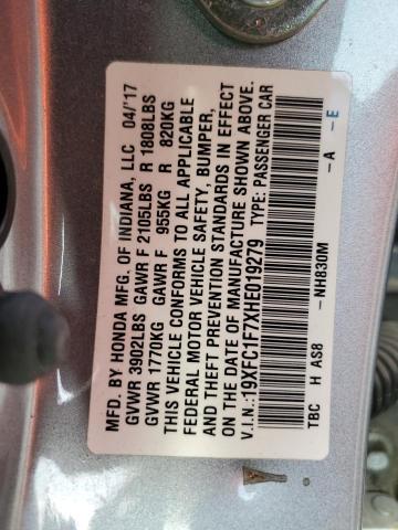 19XFC1F7XHE019279 - 2017 HONDA CIVIC EXL ვერცხლისფერი ფოტო 12