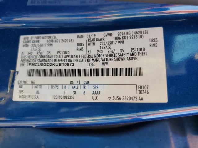 1FMCU0GD2KUB10873 - 2019 FORD ESCAPE SE BLUE photo 12