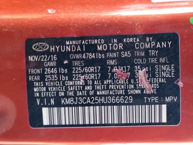 KM8J3CA25HU366629 - 2017 HYUNDAI TUCSON LIMITED ORANGE photo 12