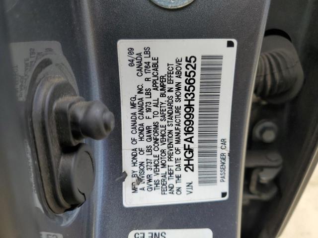 2HGFA16999H356525 - 2009 HONDA CIVIC EXL ნაცრისფერი ფოტო 12