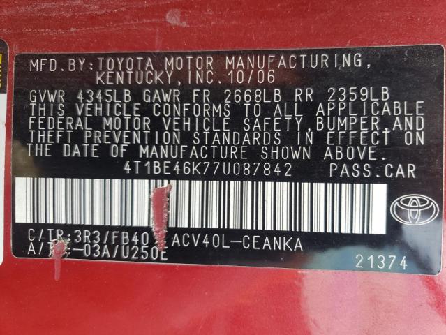 4T1BE46K77U087842 - 2007 TOYOTA CAMRY CE RED photo 12