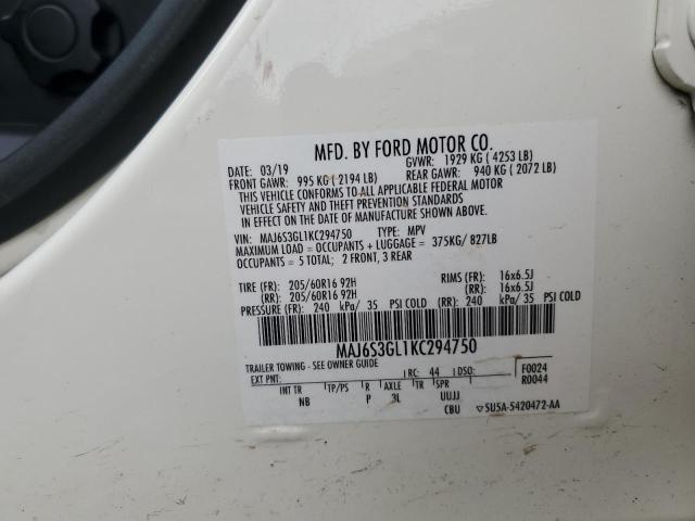 MAJ6S3GL1KC294750 - 2019 FORD ECOSPORT SE თეთრი ფოტო 13