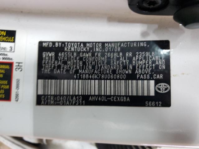 4T1BB46K78U060800 - 2008 TOYOTA CAMRY HYBRID WHITE photo 12