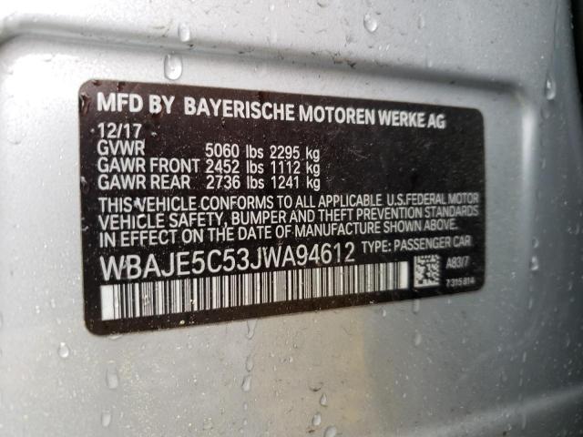 WBAJE5C53JWA94612 - 2018 BMW 540 I SILVER photo 13