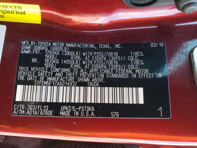 5TFEM5F17AX014932 - 2010 TOYOTA TUNDRA CREWMAX SR5 RED photo 12