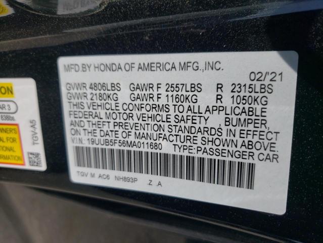 19UUB5F56MA011680 - 2021 ACURA TLX TECH A BLACK photo 12