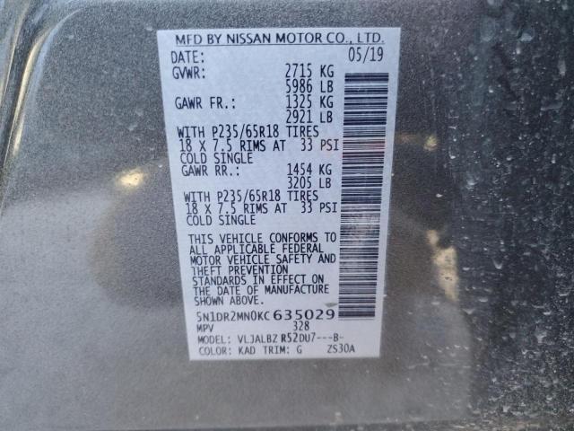 5N1DR2MN0KC635029 - 2019 NISSAN PATHFINDER S GRAY photo 13