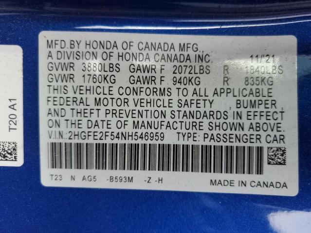 2HGFE2F54NH546959 - 2022 HONDA CIVIC SPORT 蓝色 照片 12