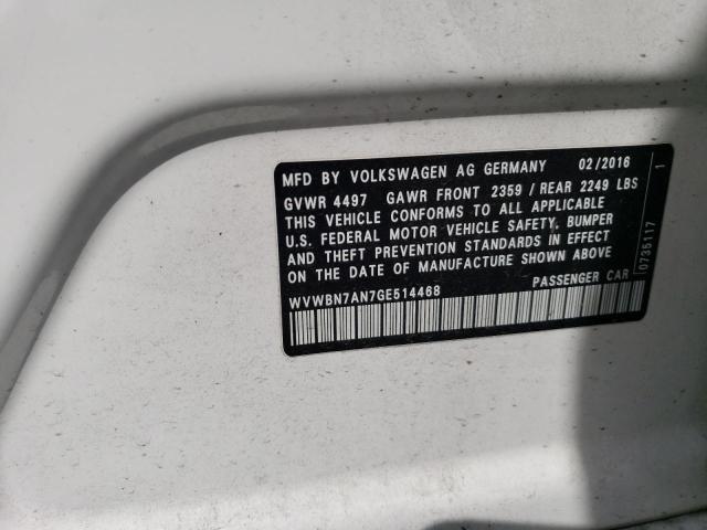 WVWBN7AN7GE514468 - 2016 VOLKSWAGEN CC BASE 白色 照片 12
