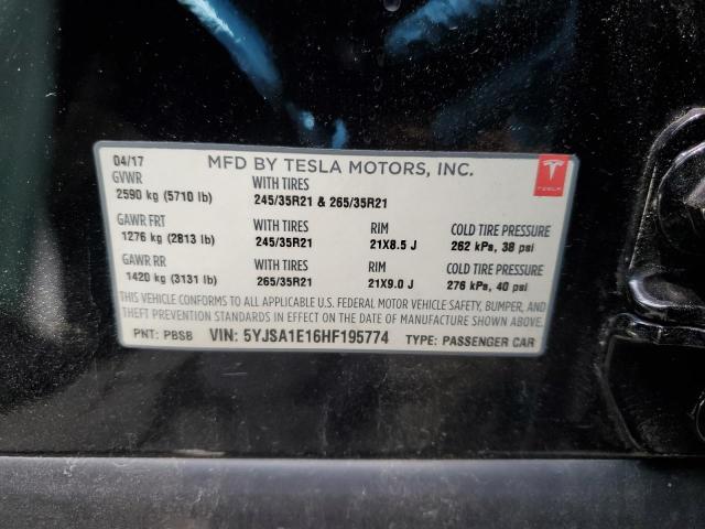 5YJSA1E16HF195774 - 2017 TESLA MODEL S 黑色 照片 12