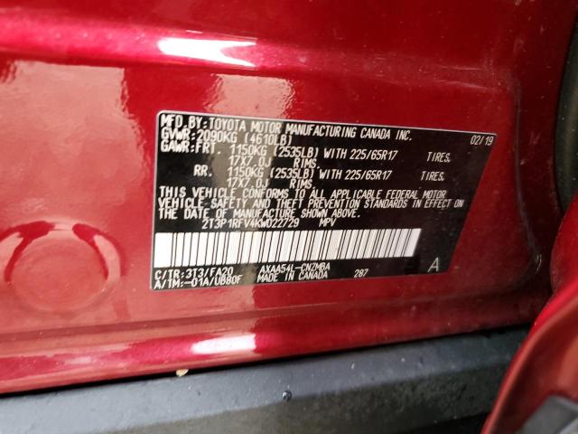 2T3P1RFV4KW022729 - 2019 TOYOTA RAV4 XLE RED photo 12