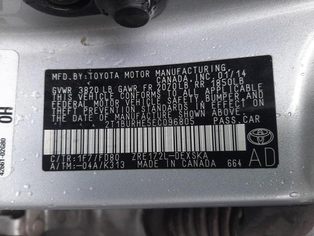 2T1BURHE5EC096805 - 2014 TOYOTA COROLLA L SILVER photo 12