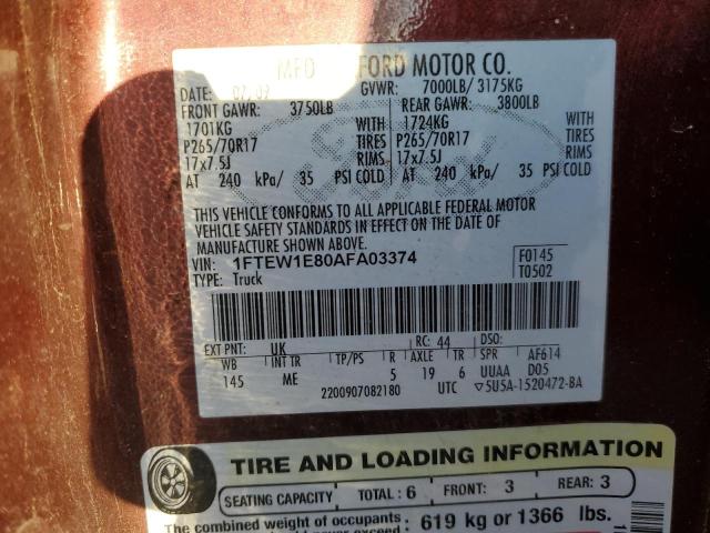 1FTEW1E80AFA03374 - 2010 FORD F150 SUPERCREW BROWN photo 12