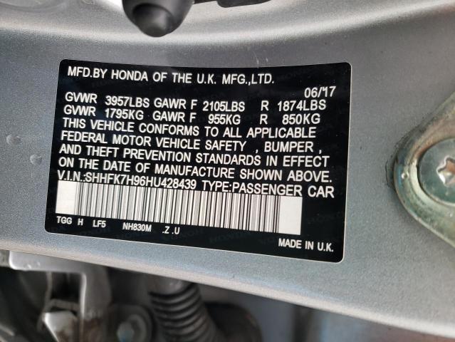 SHHFK7H96HU428439 - 2017 HONDA CIVIC SPORT TOURING SILVER photo 12