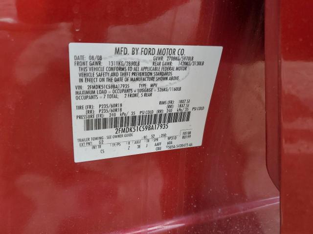 2FMDK51C59BA17935 - 2009 FORD FLEX SE BURGUNDY photo 12