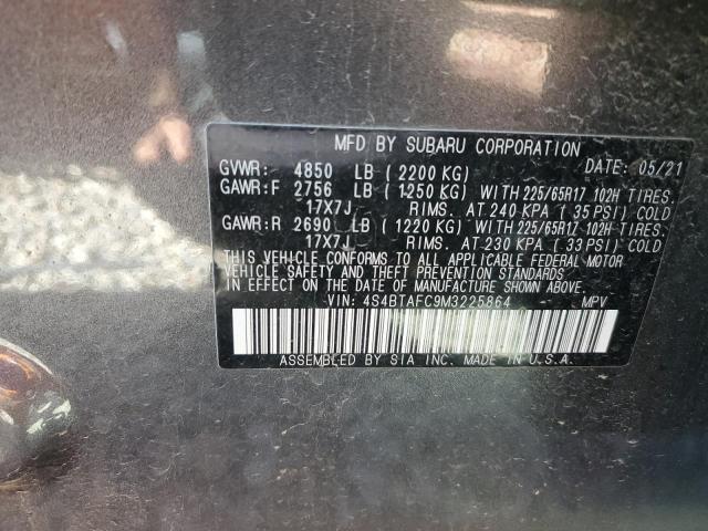 4S4BTAFC9M3225864 - 2021 SUBARU OUTBACK PREMIUM GRAY photo 14