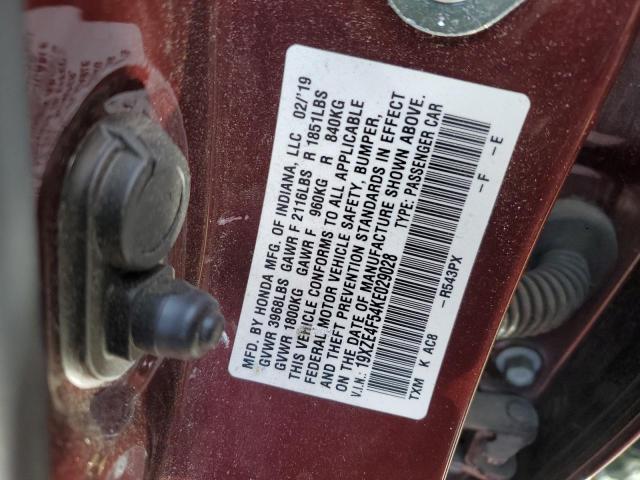 19XZE4F54KE029028 - 2019 HONDA INSIGHT EX BURGUNDY photo 12