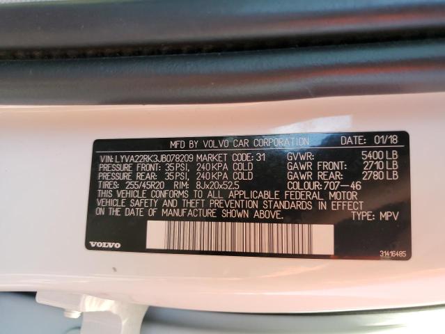 LYVA22RK3JB078209 - 2018 VOLVO XC60 T6 WHITE photo 12