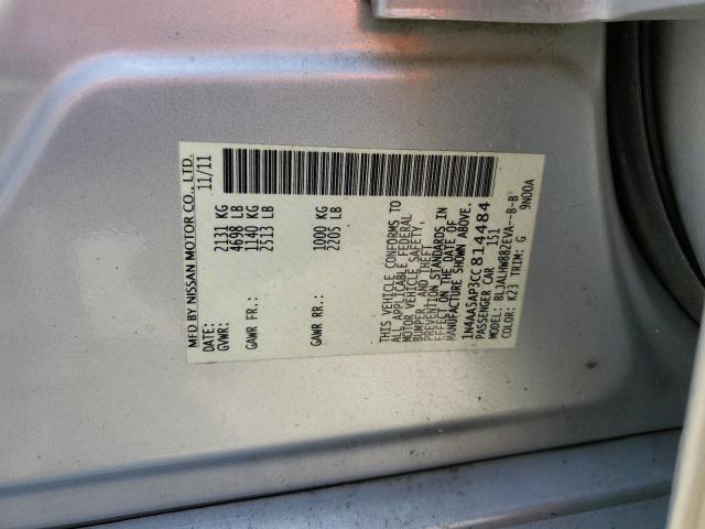 1N4AA5AP3CC814484 - 2012 NISSAN MAXIMA S SILVER photo 12