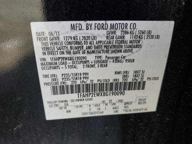 1FAHP2EWXBG190090 - 2011 FORD TAURUS SEL BLACK photo 12