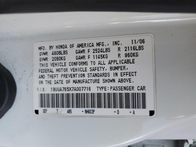 19UUA765X7A007716 - 2007 ACURA TL TYPE S WHITE photo 12