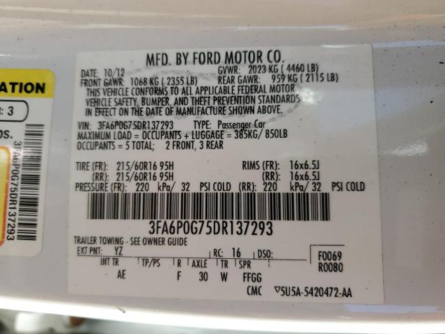 3FA6P0G75DR137293 - 2013 FORD FUSION S WHITE photo 12