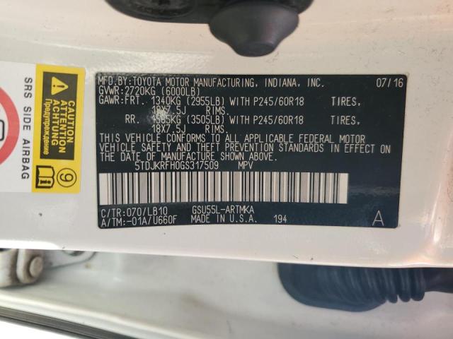 5TDJKRFH0GS317509 - 2016 TOYOTA HIGHLANDER XLE 白色 照片 12