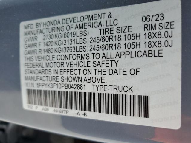 5FPYK3F10PB042881 - 2023 HONDA RIDGELINE SPORT GRAY photo 12