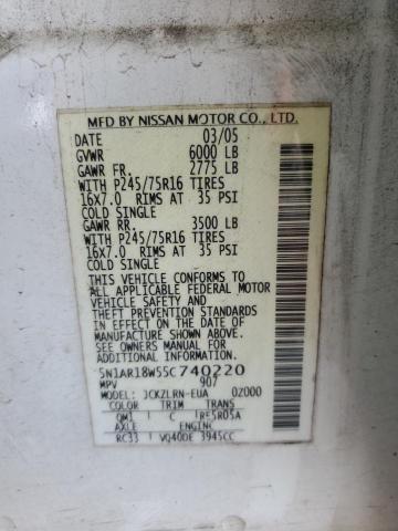5N1AR18W55C740220 - 2005 NISSAN PATHFINDER LE 白色 照片 13