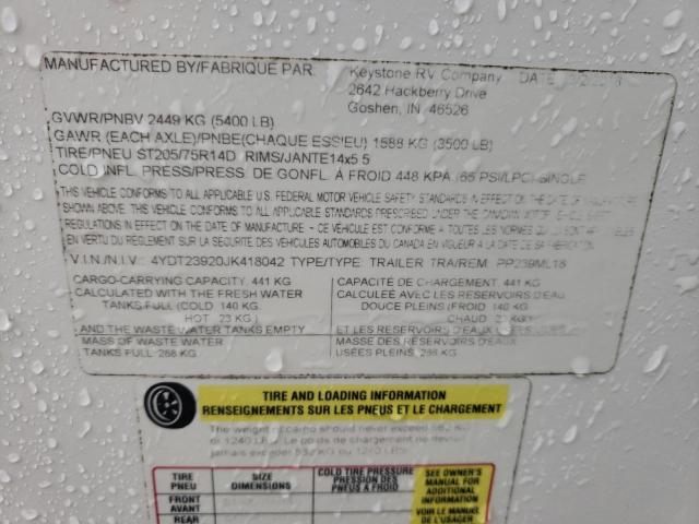 4YDT23920JK418042 - 2018 PASSPORT TRAVELTRLR CREAM photo 10