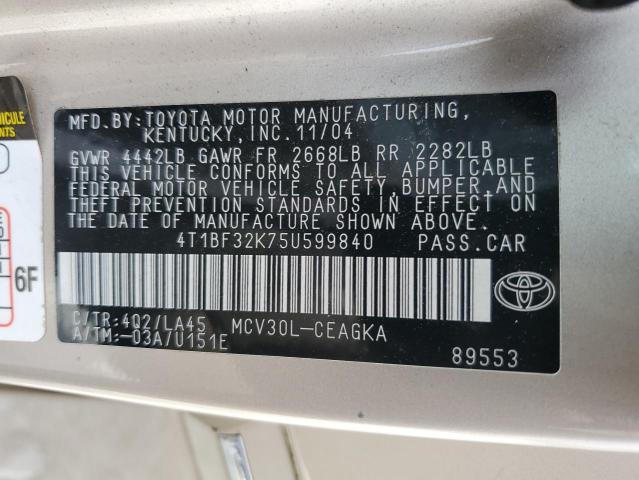 4T1BF32K75U599840 - 2005 TOYOTA CAMRY LE GOLD photo 12