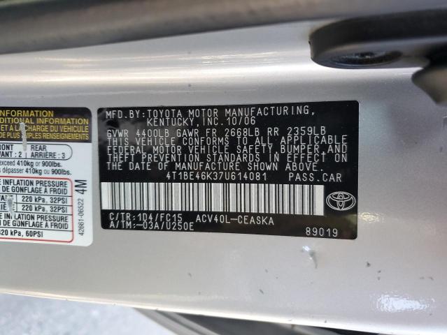 4T1BE46K37U614081 - 2007 TOYOTA CAMRY CE SILVER photo 12