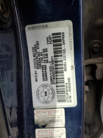 2T1KR32E33C749071 - 2003 TOYOTA COROLLA MA XR BLUE photo 13