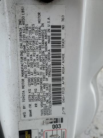 5TETX22N76Z239180 - 2006 TOYOTA TACOMA ACCESS CAB თეთრი ფოტო 12