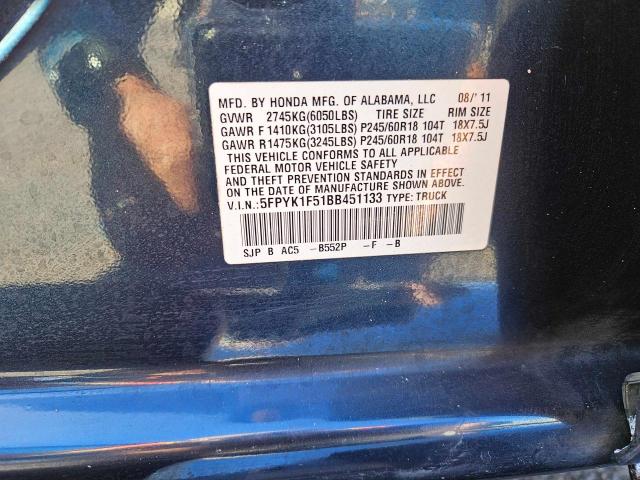 5FPYK1F51BB451133 - 2011 HONDA RIDGELINE RTL BLUE photo 10