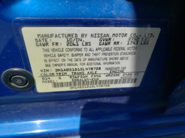 3N1AB51D15L478728 - 2005 NISSAN SENTRA SE-R SPEC V BLUE photo 12