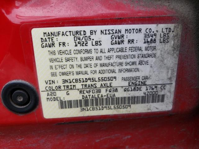 3N1CB51D95L550509 - 2005 NISSAN SENTRA 1.8 RED photo 12